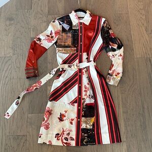 Tory Burch Red pink floral stripe Black Patterned Long Sleeve Dress 2 xs s